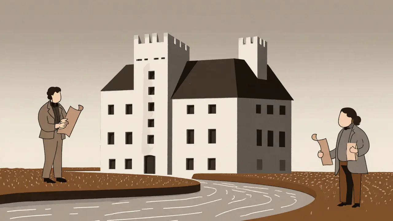 Château reconstruit en forme géométrique, entouré de champs et d&#039;une rivière stylisée, symbole de pensée révolutionnaire.