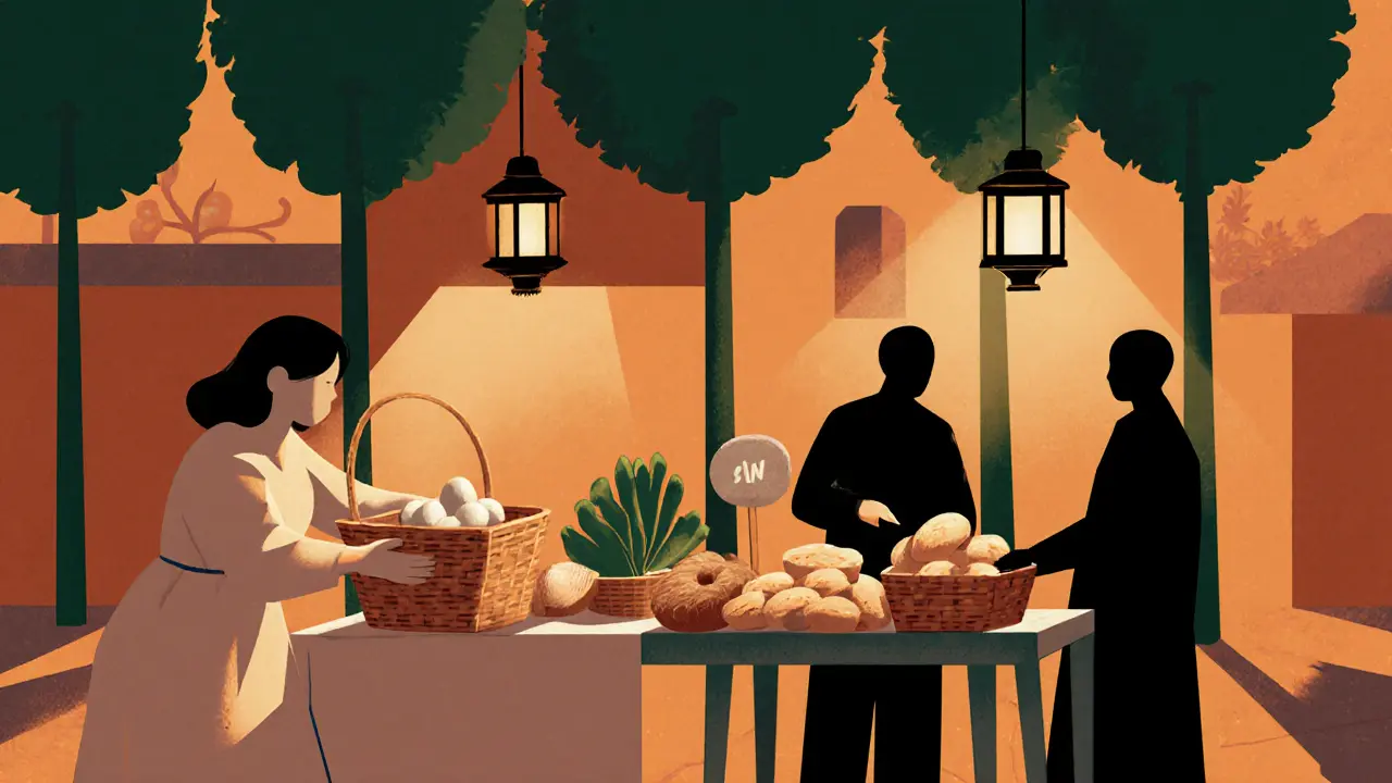 Marché du vendredi soir avec des étals simples et des habitants en silhouettes, lumière chaude et ambiance paisible.