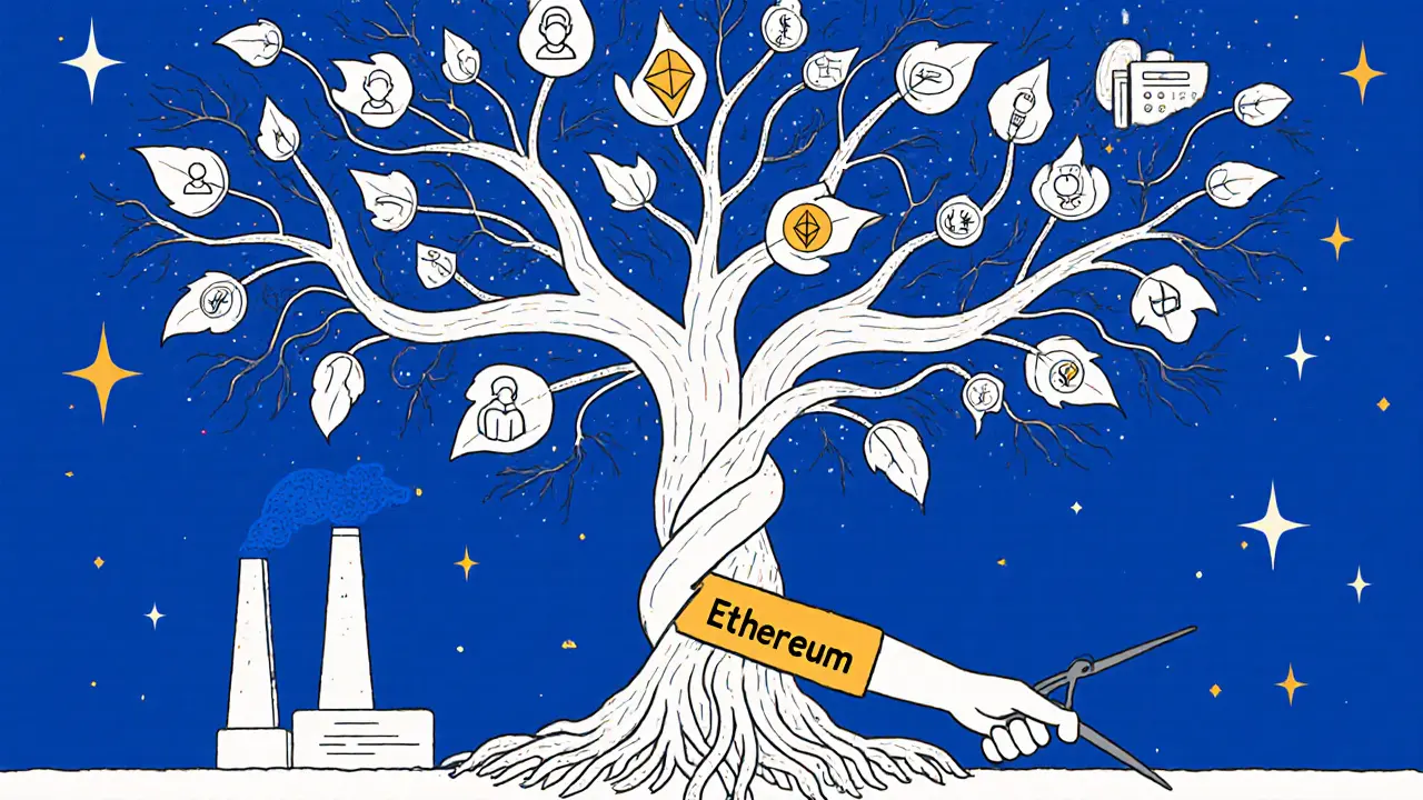 Arbre blockchain aux racines polluantes et branches propres, avec main coupant les câbles en style Bauhaus