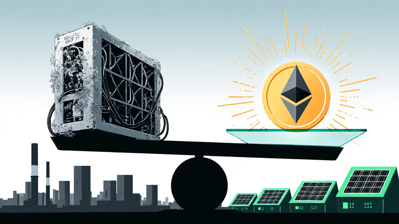 Balançoire géante opposant machine de minage lourde et jeton ETH léger en style Bauhaus