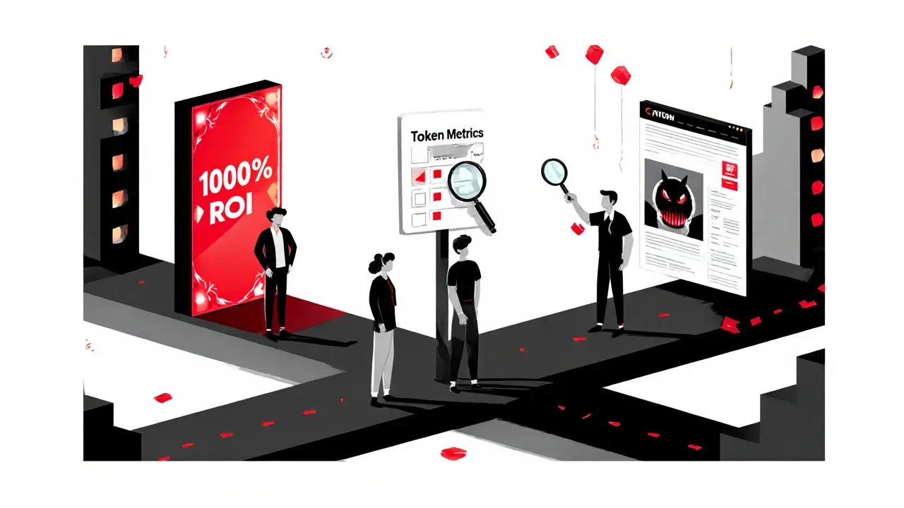 Investisseurs face à un croisement entre une promesse trompeuse et une vérification prudente, dans un style Bauhaus.