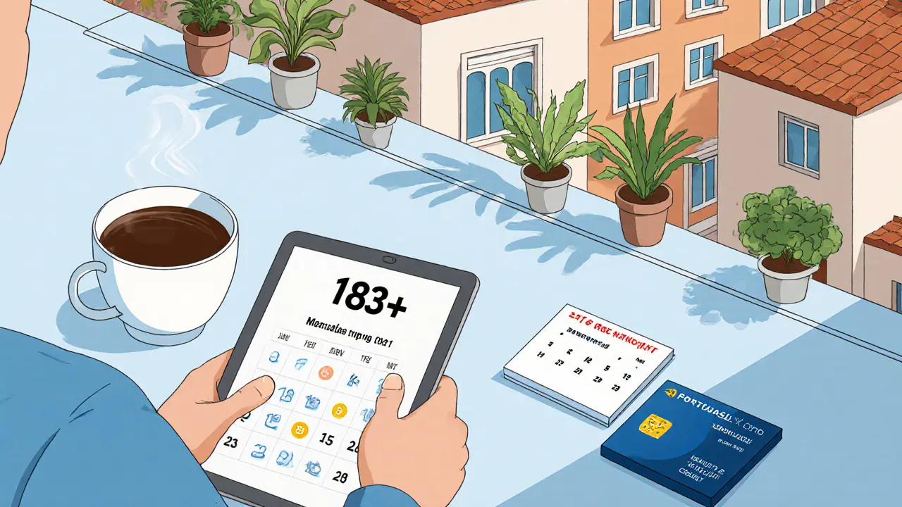 Balcon à Lisbonne avec une personne regardant ses actifs crypto et une carte de résidence portugaise.