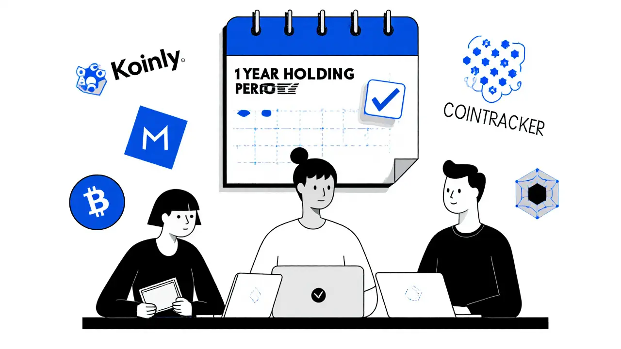 Espace de coworking à Berlin avec des icônes de suivi crypto et un calendrier marqué '1 an de détention'.