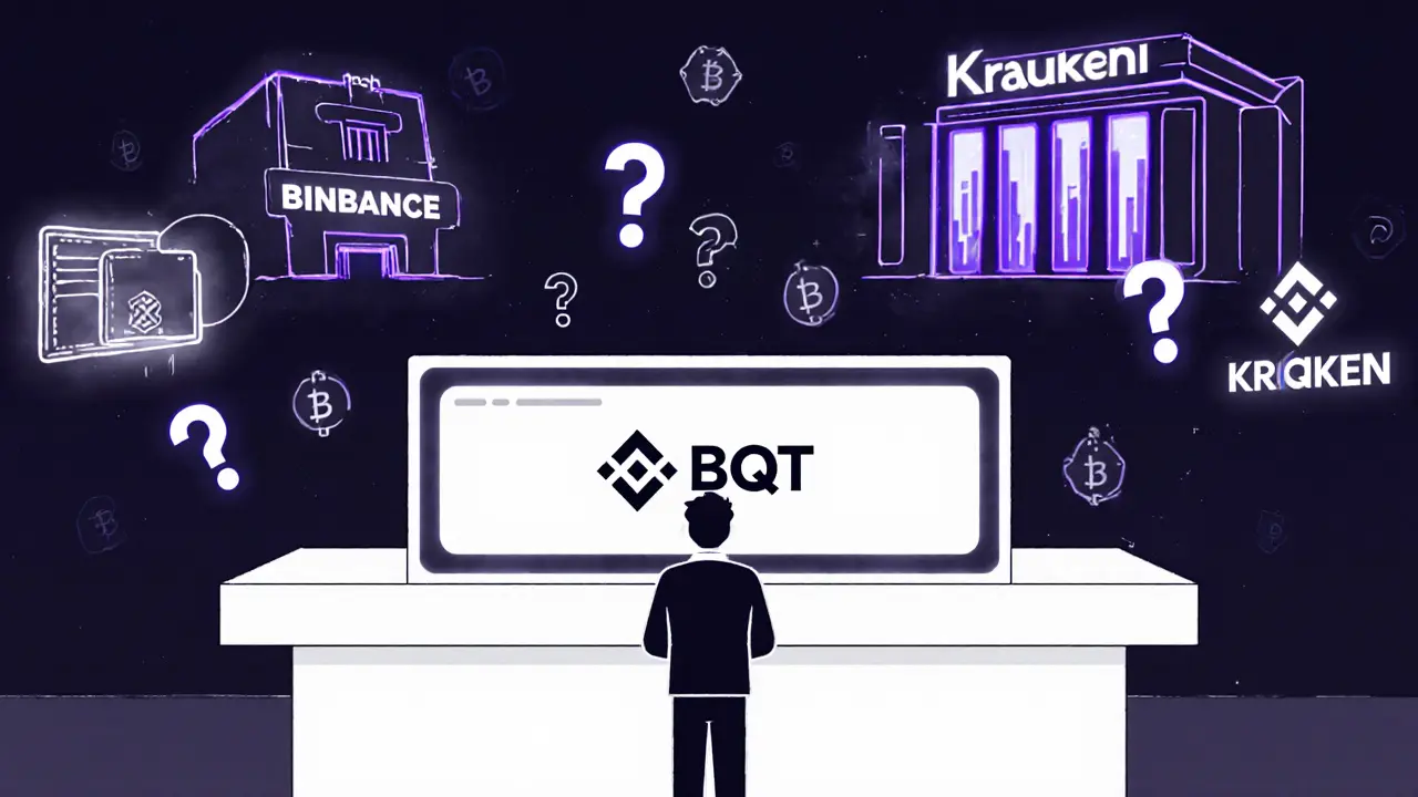 Un trader isolé face à un écran mort de BQT, entouré de signes d'absence et d'alternatives vivantes.