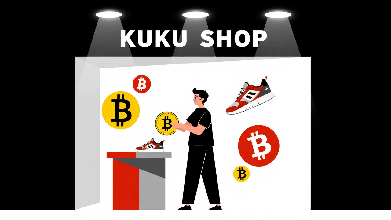 Client achetant des baskets avec le token KUKU dans une boutique stylisée.