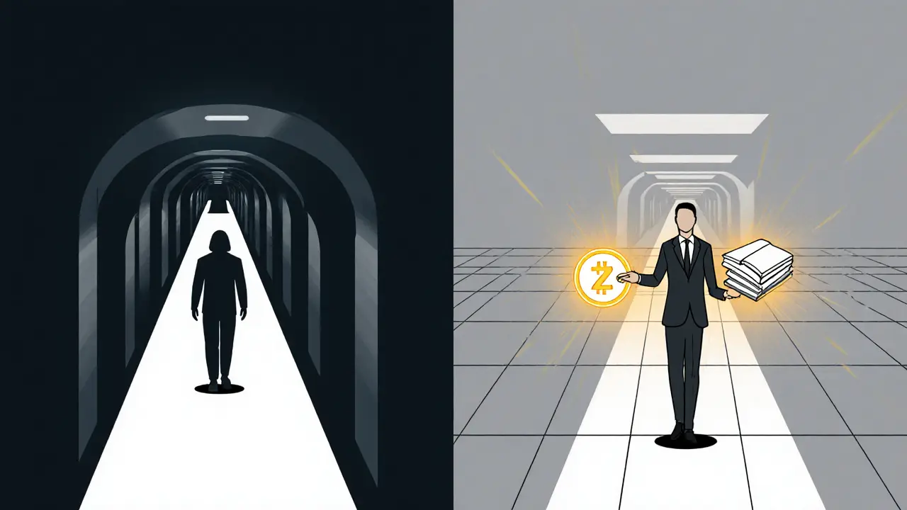Deux chemins parallèles : Monero anonyme et Zcash contrôlé, illustrés en géométries abstraites.