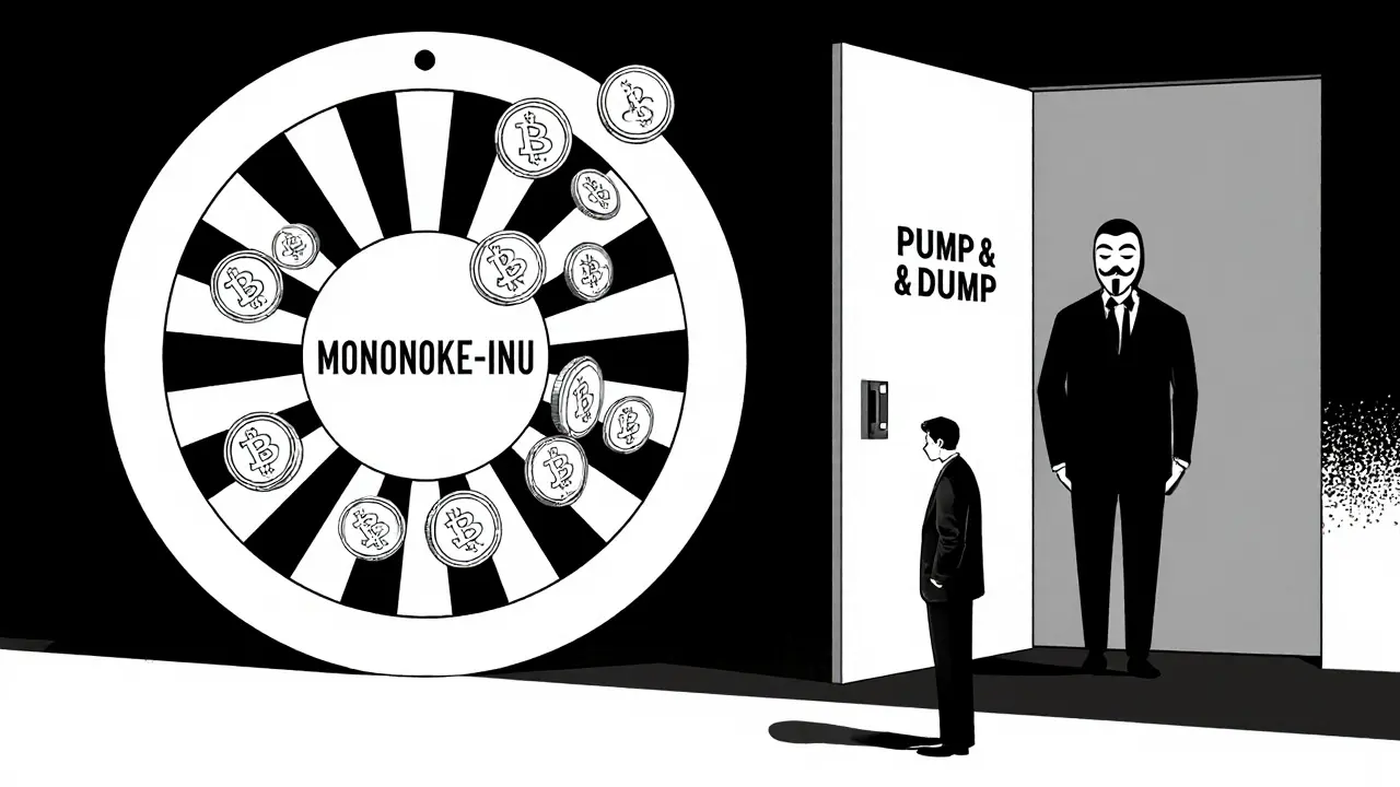 Investisseur face à une roue de roulette 'MONONOKE-INU', tandis qu'une équipe anonyme disparaît.
