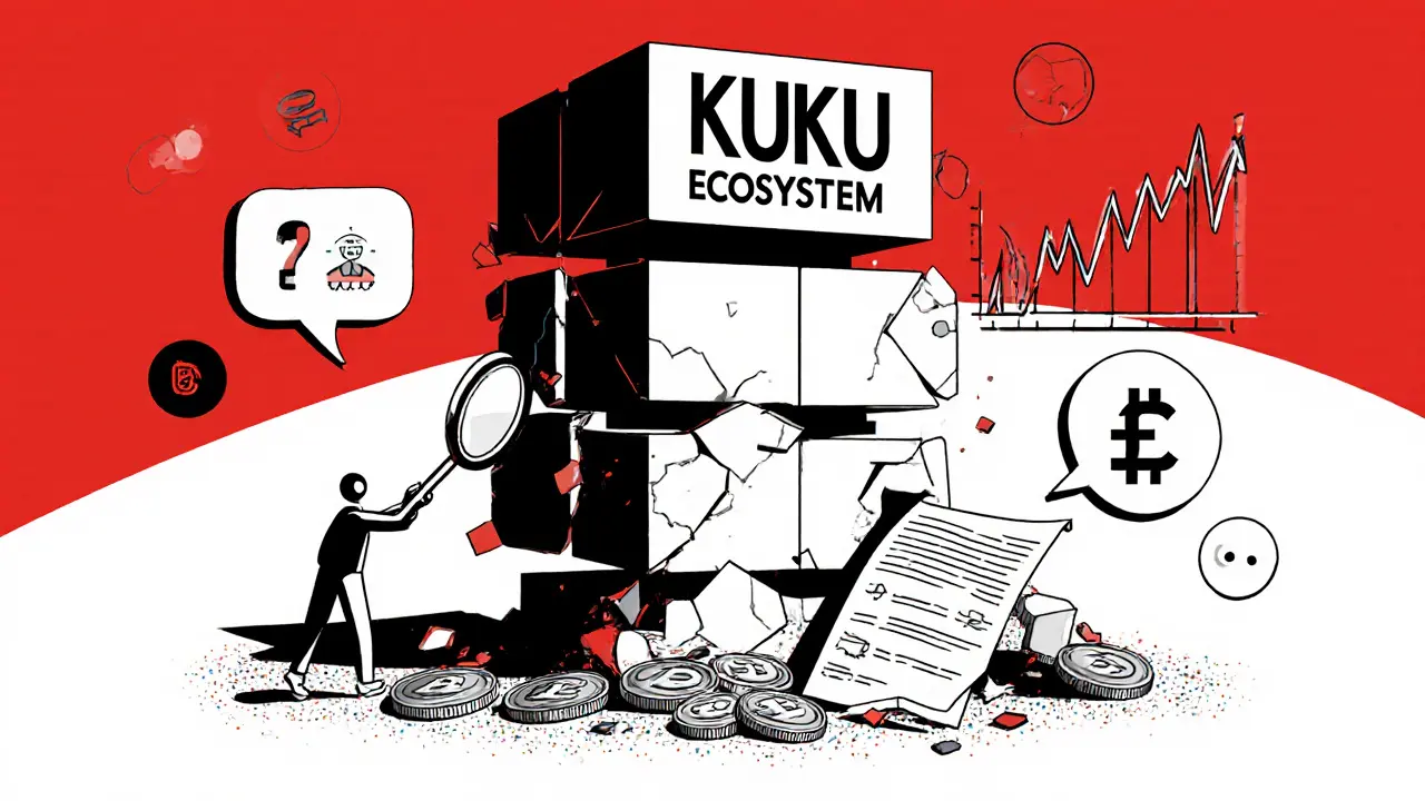 Tour de l'écosystème KUKU en ruine, avec un document vide et des réseaux sociaux vides.