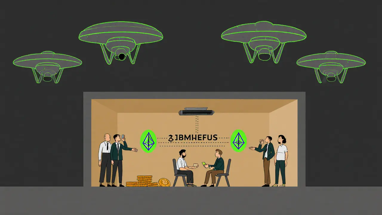 Un réseau décentralisé secret où des activistes échangent des Monero, sous l'ombre de drones de surveillance.