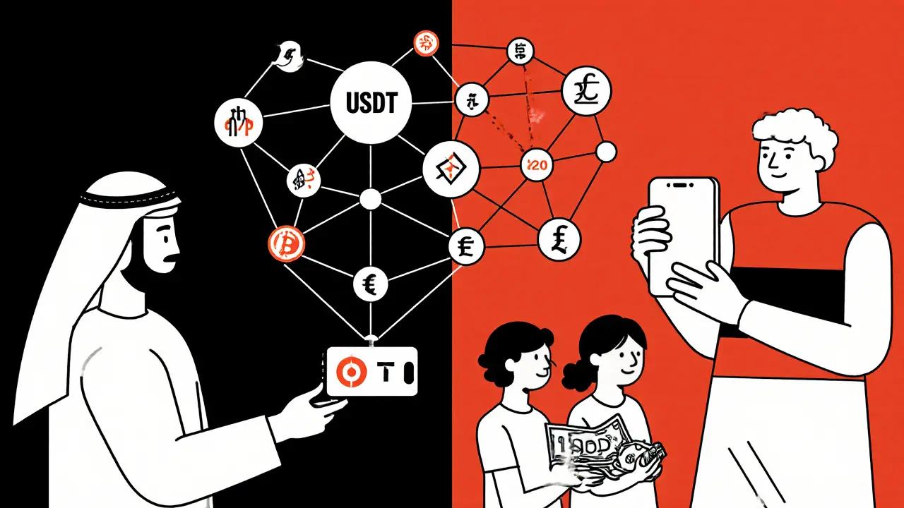 Un travailleur migrant envoie des USDT à sa famille au Bangladesh via un réseau numérique abstrait.