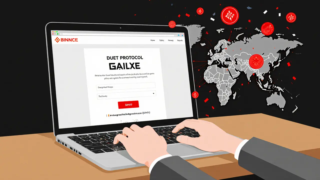 Utilisateur remplissant le formulaire d&#039;airdrop Duet avec réseau BSC en arrière-plan.