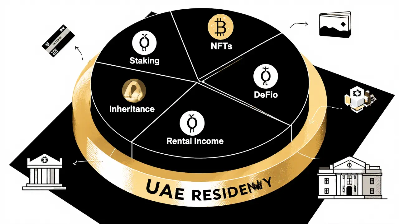 Diagramme circulaire montrant six actifs crypto exonérés d'impôt sous résidence aux Émirats.