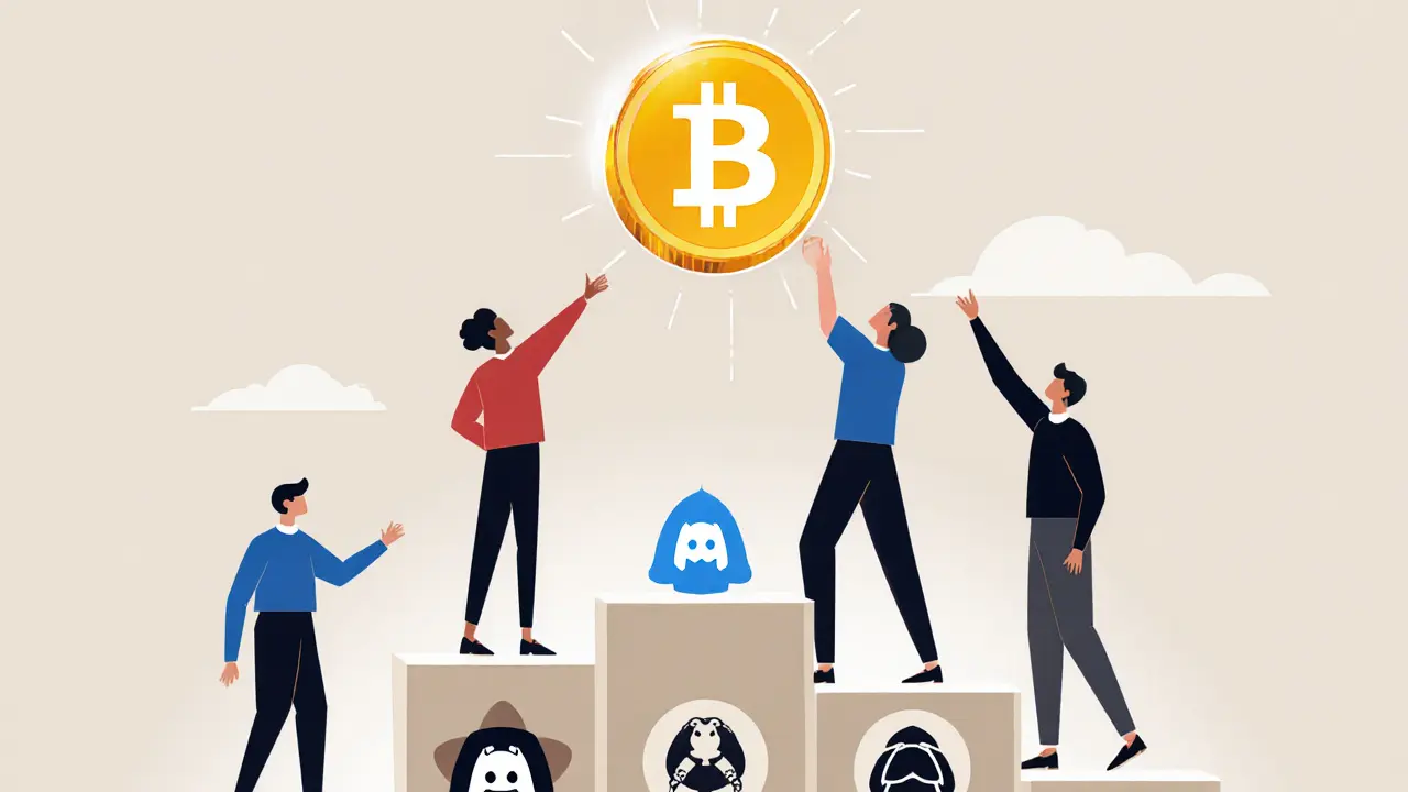 Groupe de figures stylisées atteignant des jetons NFT sur un classement géométrique avec tâches visuelles.