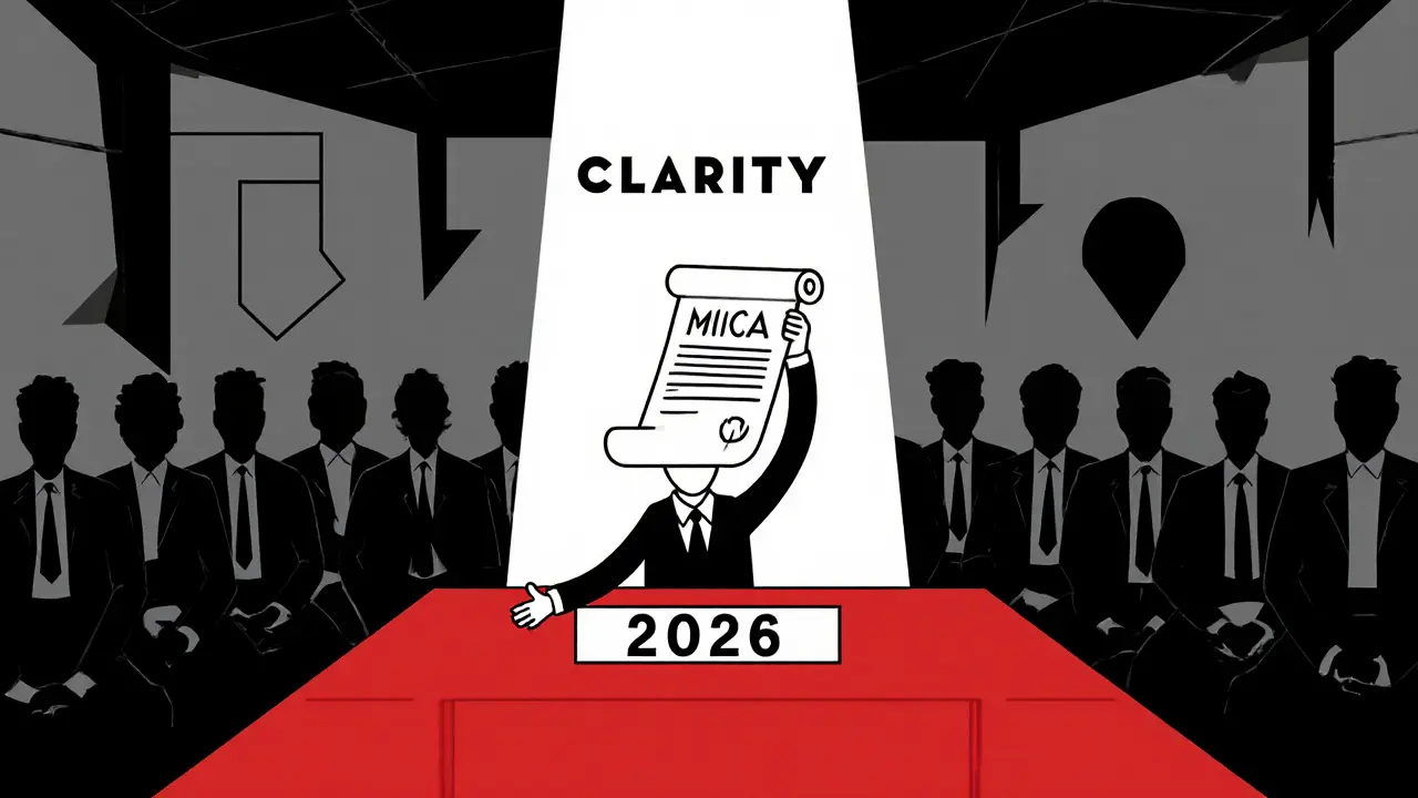 Juge dévoile la loi MiCA en 2026, entouré de figures stylisées dans un cadre Bauhaus.