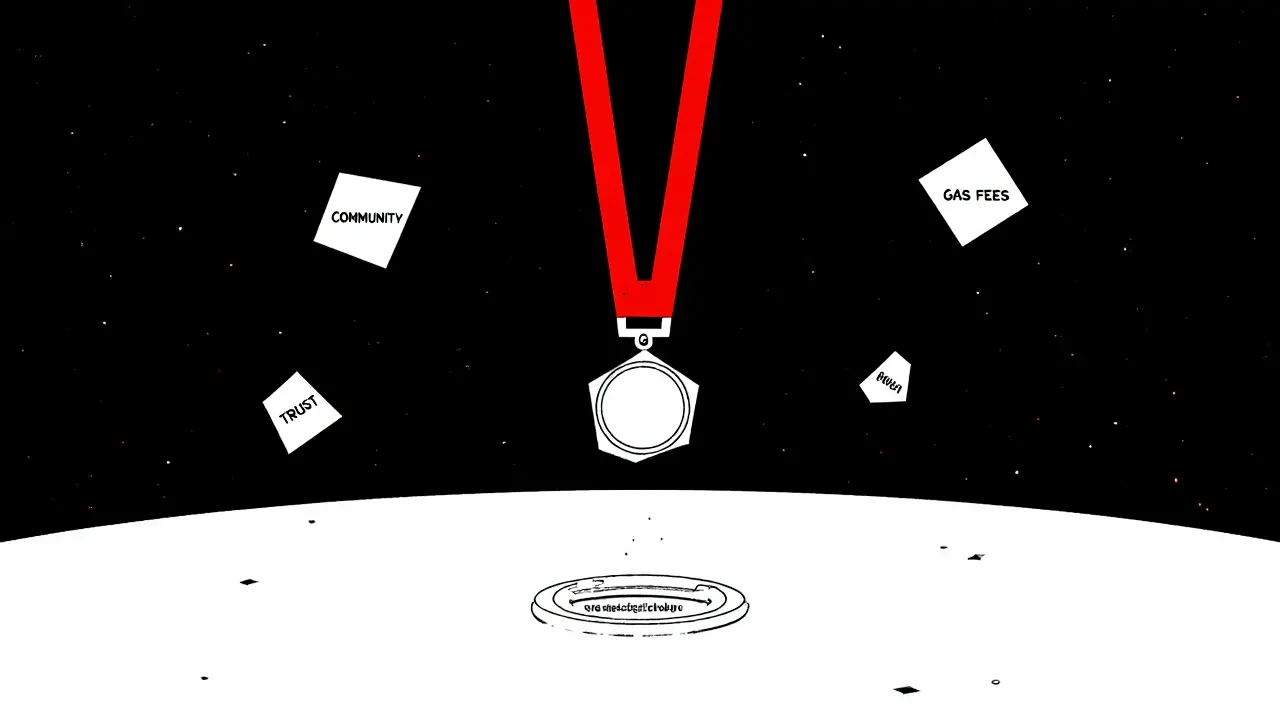 Médaille NFT flottant avec des fragments symboliques et l'adresse du contrat LFW en arrière-plan.