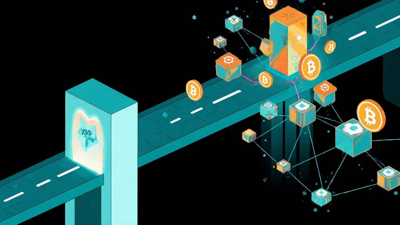 Pont géométrique reliant le XRP Ledger à plus de 100 autres blockchains, avec des tokens en mouvement.