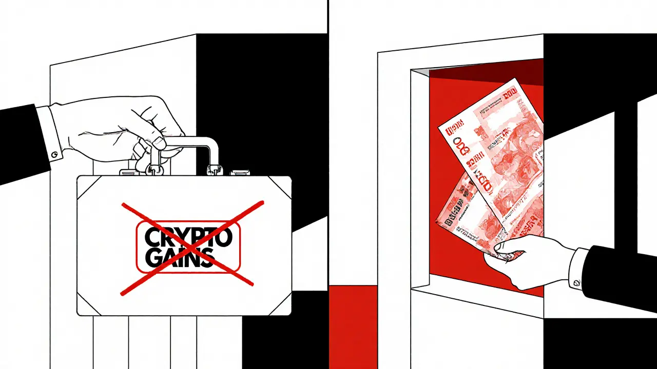 Split scène : gains crypto sans impôt à gauche, argent placé dans un appartement à Dubaï à droite.