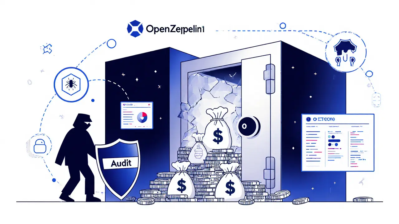 Un coffre-fort blockchain fissuré protégé par un bouclier 'Audit', dans un style Bauhaus.