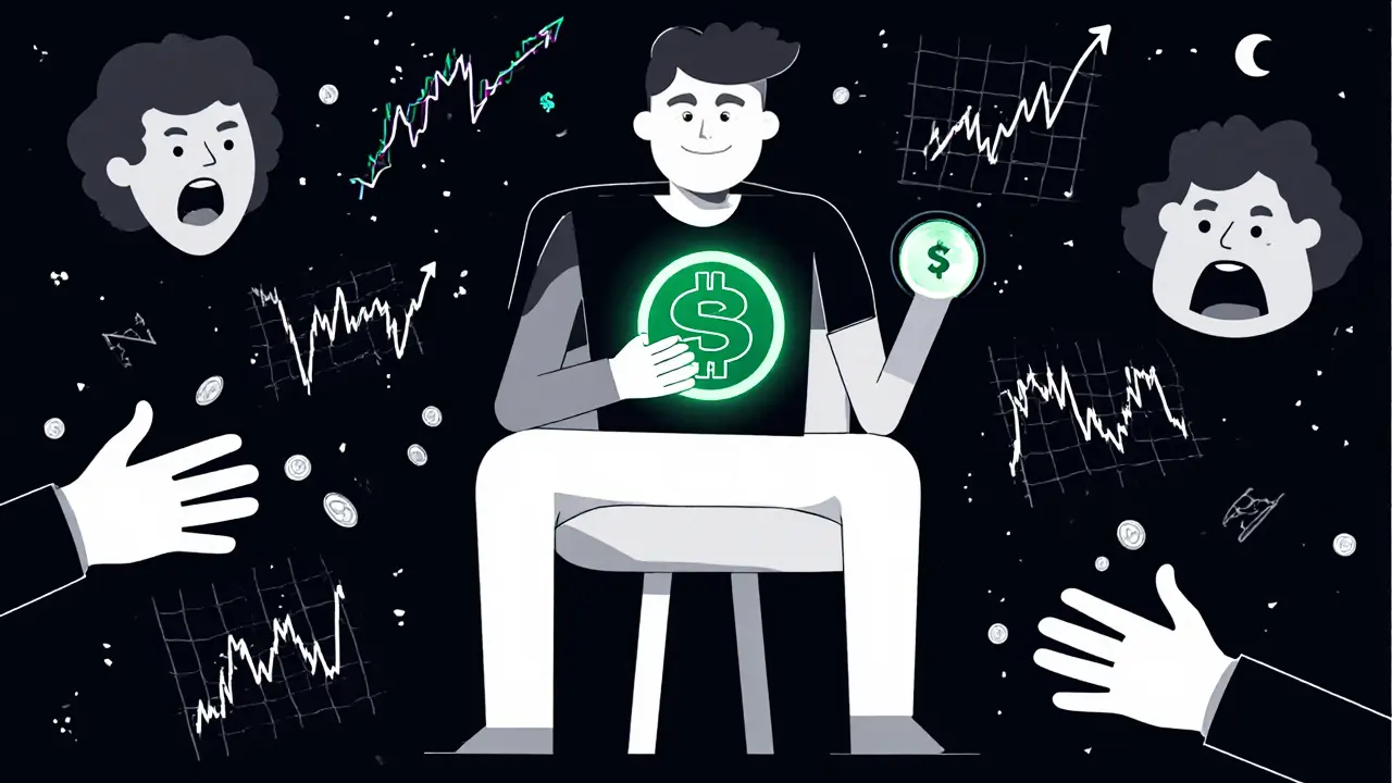 Un investisseur calme reçoit des récompenses statiques, tandis que le trading chaotique disparaît autour de lui.