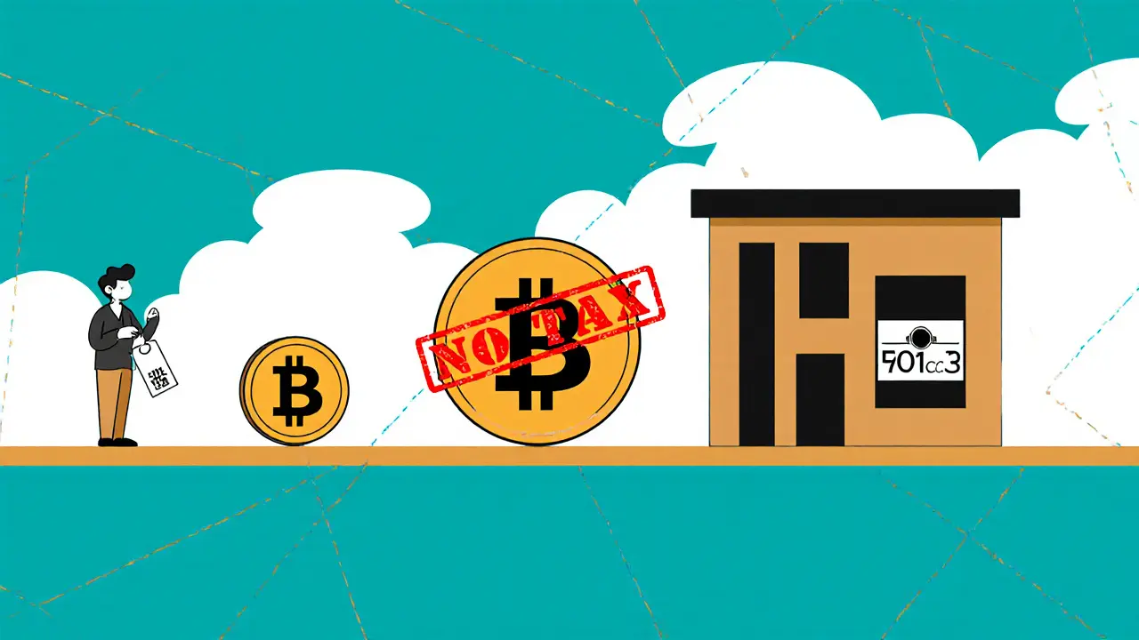 Chronologie illustrée d'un don de crypto : achat, croissance, don direct sans impôt, en style Bauhaus minimaliste.