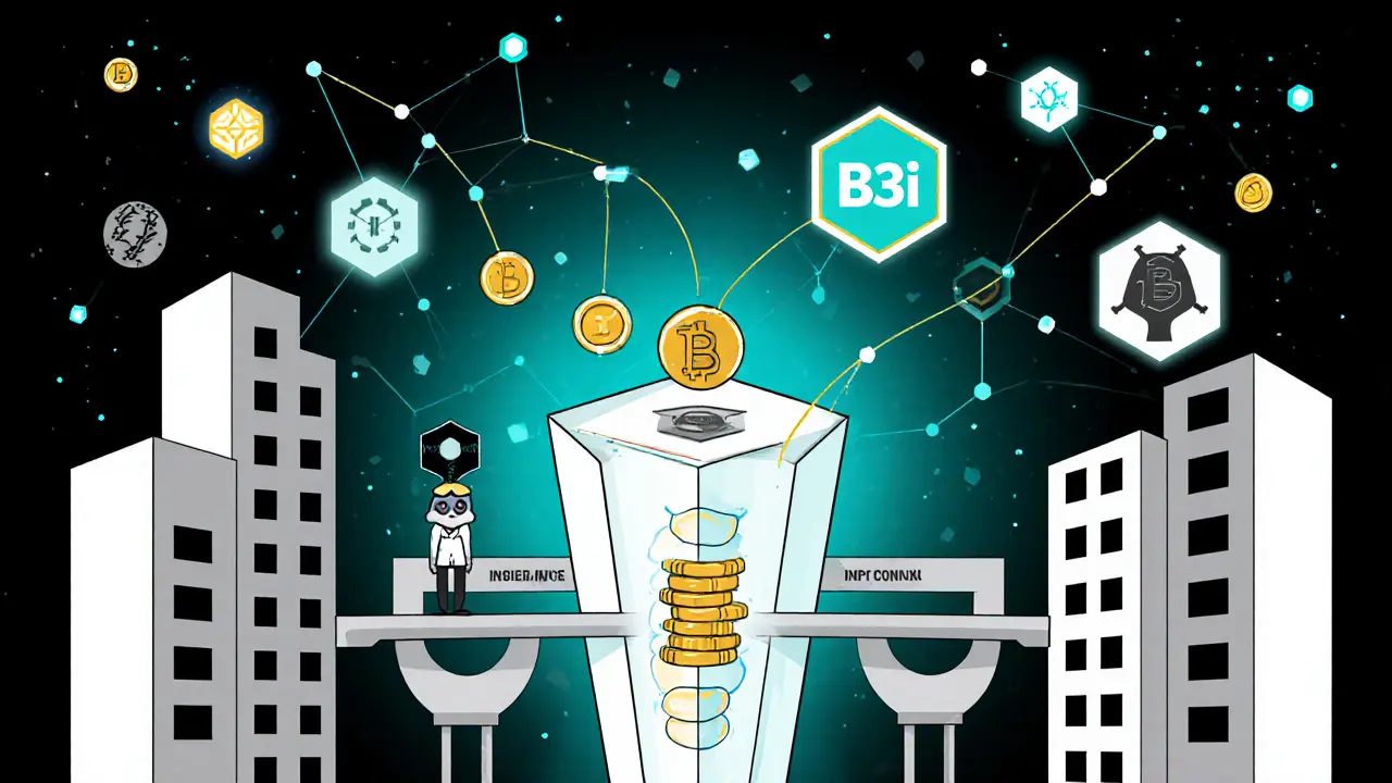 Consorium d'assureurs reliés par une colonne blockchain, un nouvel acteur rejoint via un pont B3i.