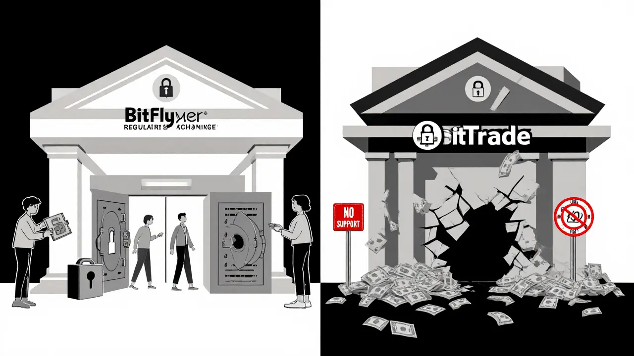 Contraste entre un échange régulé sécurisé et un échange frauduleux en forme de ruine géométrique.