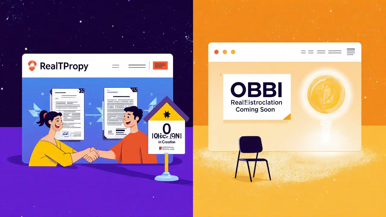 Contraste entre une plateforme immobilière blockchain fonctionnelle et un site web vide OBI Real Estate.