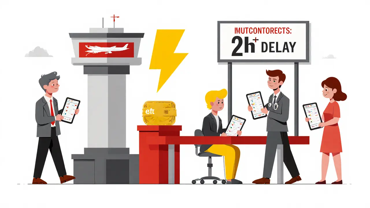 Contrat intelligent déclenchant un paiement automatique à un voyageur à l'aéroport, avec des données synchronisées.