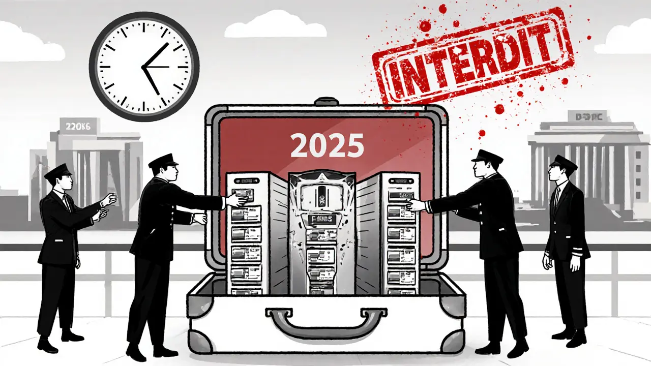 Des équipements de minage cachés dans une valise à l'aéroport, saisis par des agents en uniforme angulaire.