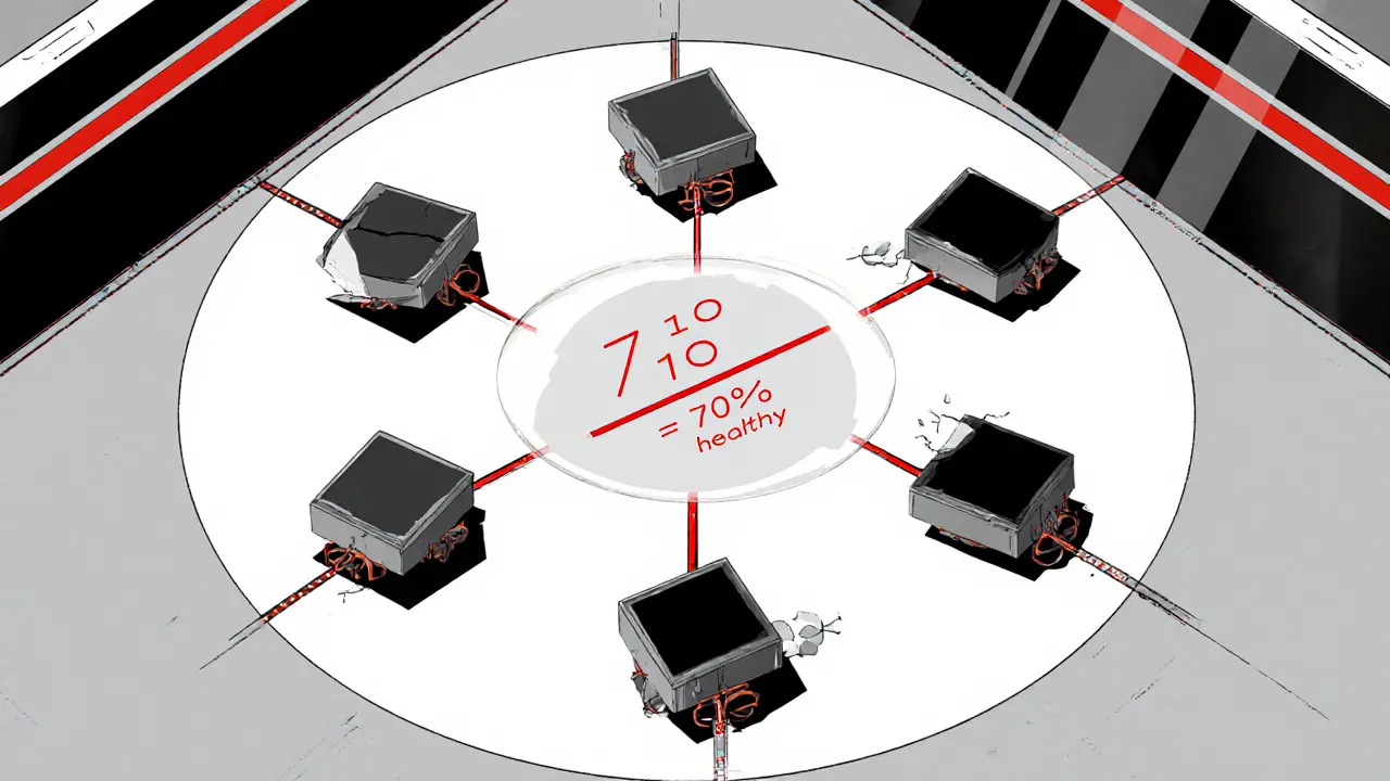 Dix nœuds en cercle, trois en panne, sept actifs, avec un indicateur de santé du réseau.
