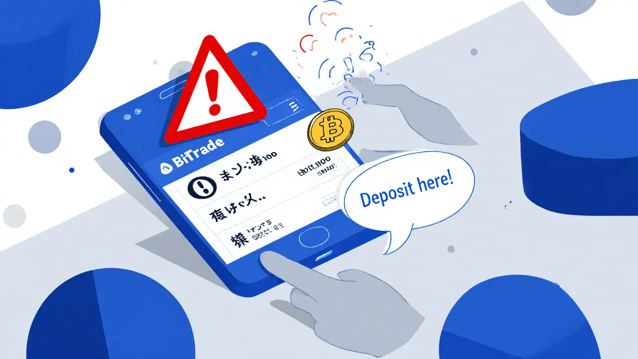 Écran de téléphone avec avertissement de sécurité et message de rencontre en ligne menant à un échange illégitime.