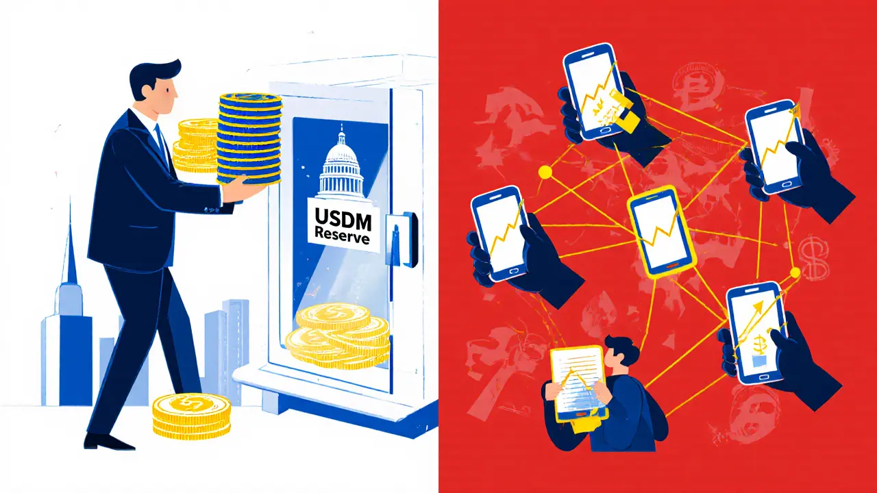 Figure d'entreprise déposant des obligations dans un coffre USDM, tandis que des utilisateurs voient leurs soldes augmenter.