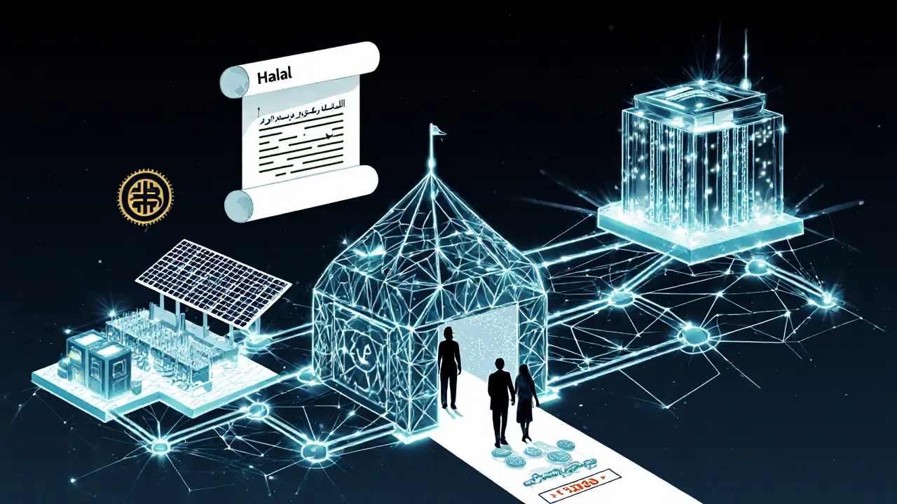 Réseau blockchain géométrique reliant une mine solaire à une banque centrale, avec des motifs islamiques et un parchemin &#039;Halal&#039; au-dessus.