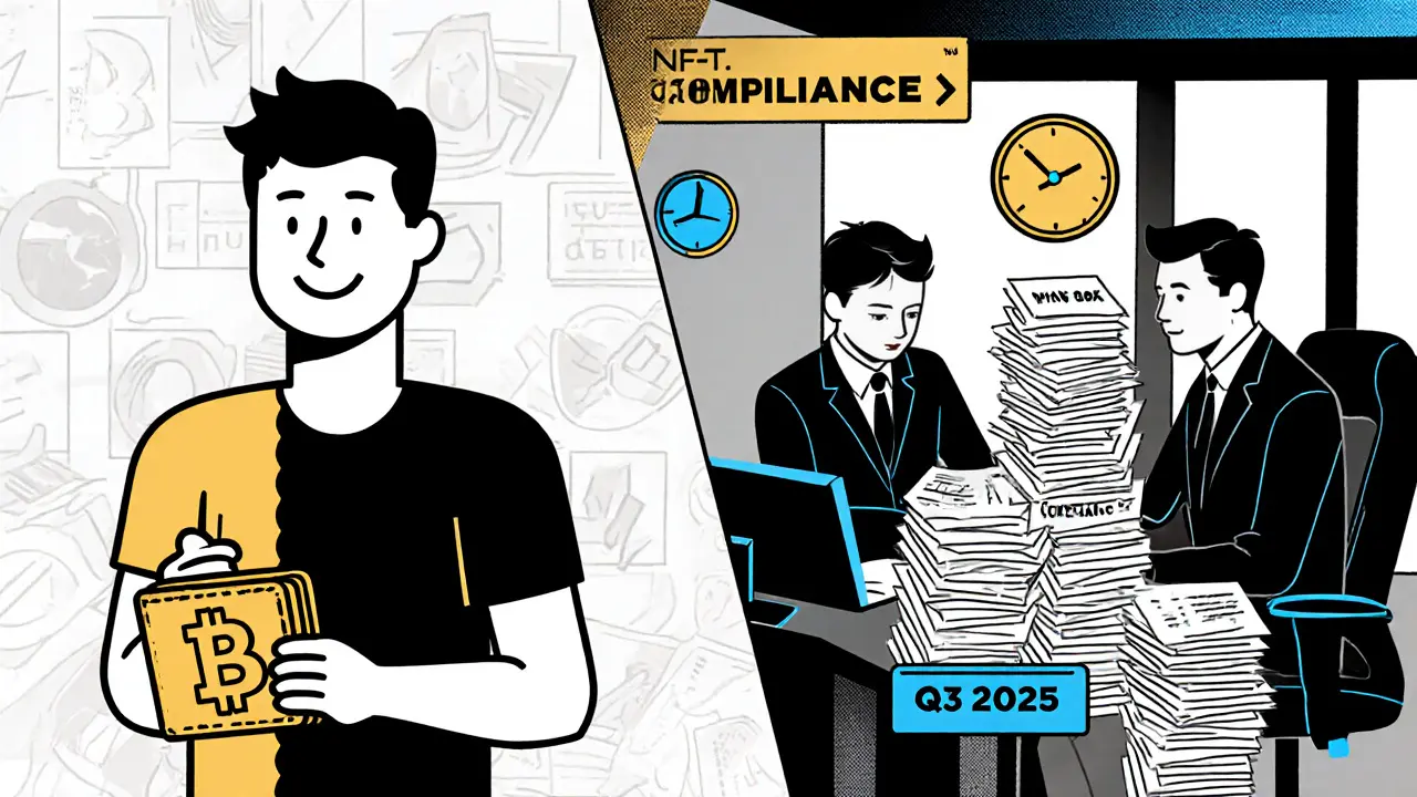 Scène divisée : un particulier sans impôt à gauche, une entreprise submergée par des formulaires à droite, en style Bauhaus avec tons dorés et bleus électriques.