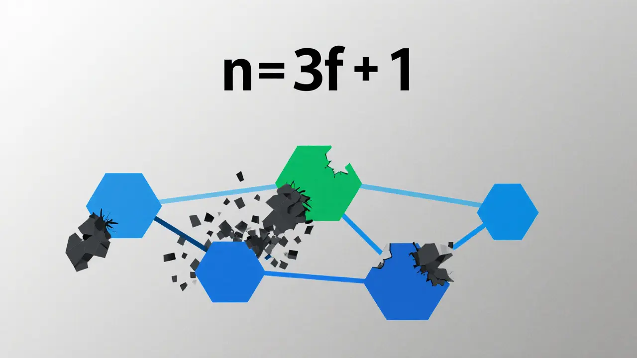 Sept nœuds en réseau, deux défaillants, cinq en fonctionnement, avec la formule BFT en surimpression.