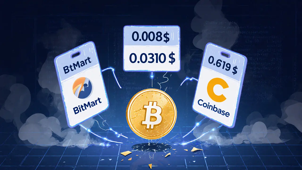 Trois prix différents flottant autour d&#039;un jeton OBICOIN inertie, dans un marché numérique vide.