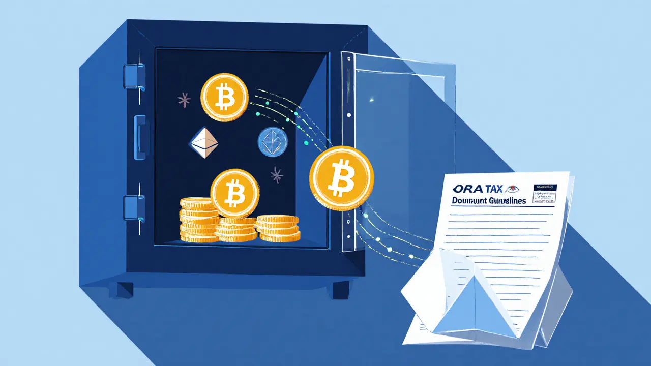 Un coffre-fort numérique reçoit des crypto-monnaies transférées via une chaîne de blocs, avec un formulaire fiscal en origami.