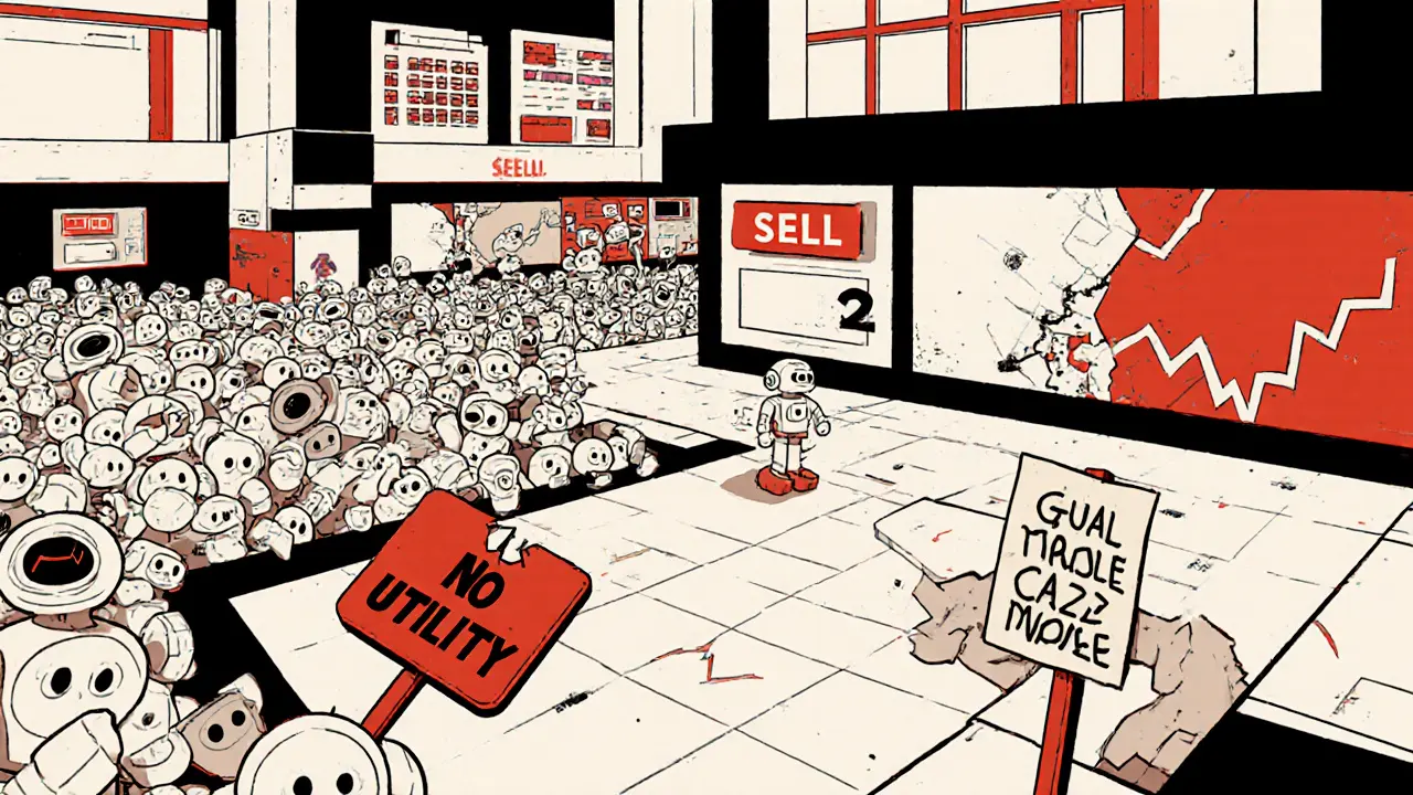 Un marché numérique fragmenté avec des bots, un bouton cassé et un signe &#039;Aucune utilité&#039;.