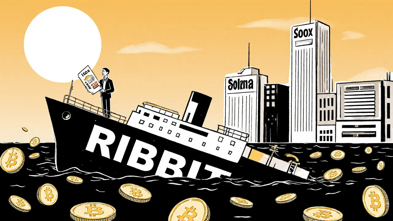 Un navire &#039;RIBBIT&#039; qui coule dans une mer de pièces de 0,00000203$, avec un homme tenant un billet de loterie.