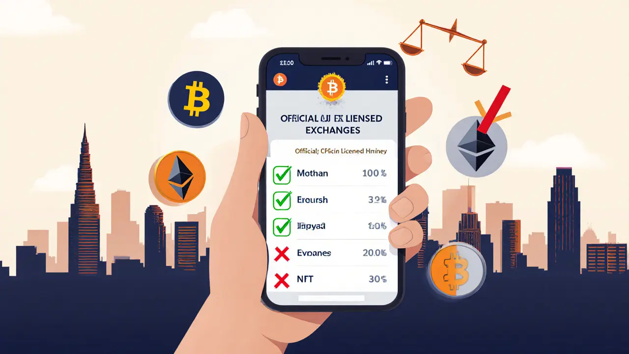 Un utilisateur thaïlandais vérifie une liste officielle d'échanges autorisés sur son téléphone, avec icônes géométriques de crypto.