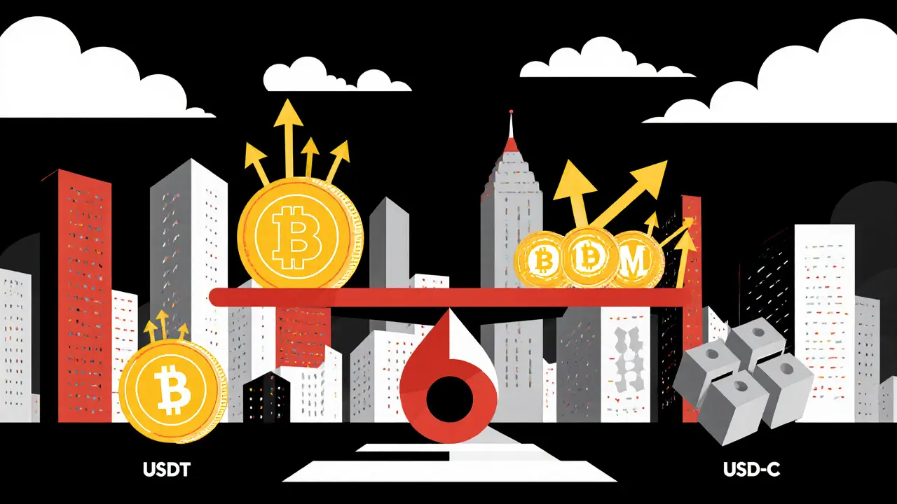 Ville futuriste en forme de jetons USDM avec des flèches de rendement, comparée à des stablecoins obsolètes.