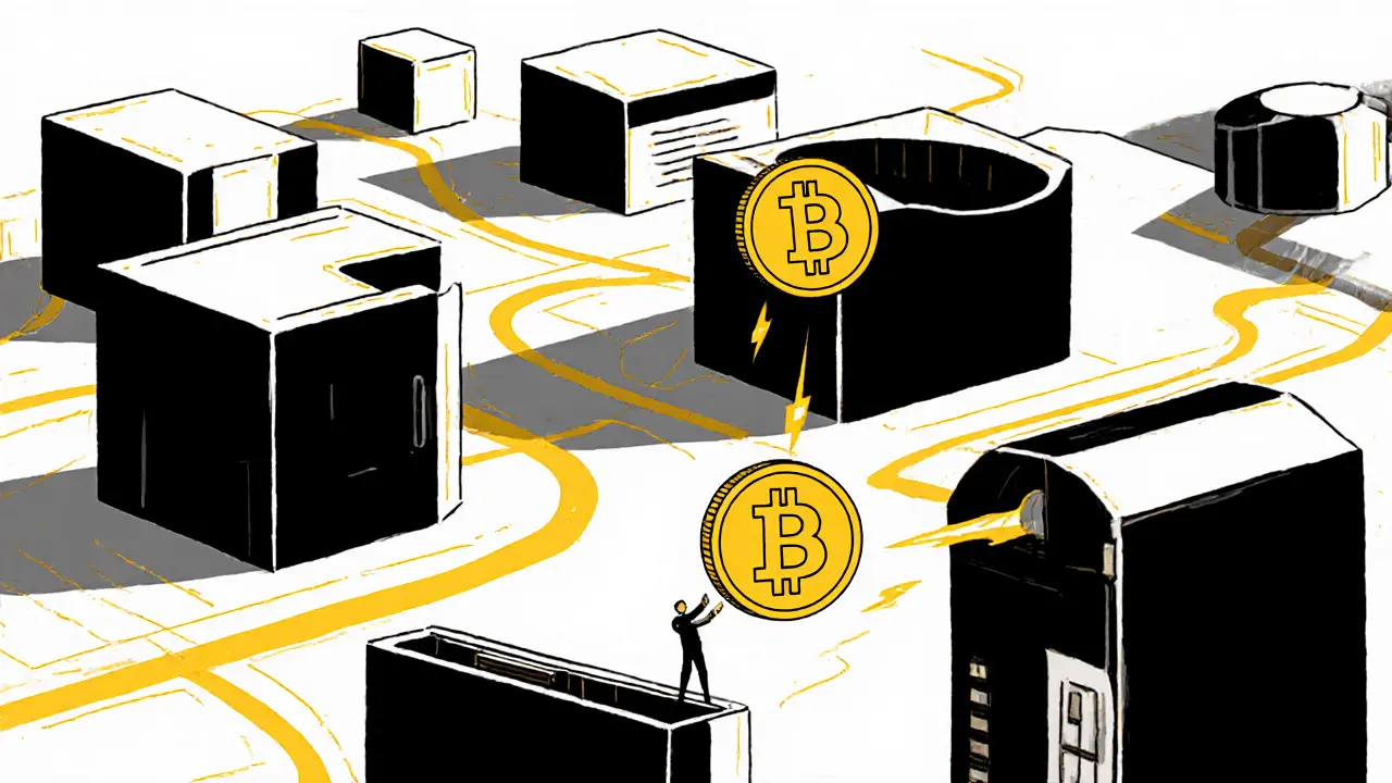 Ville géométrique où des stablecoins circulent comme des rivières, reliant des portefeuilles en forme de bâtiments.