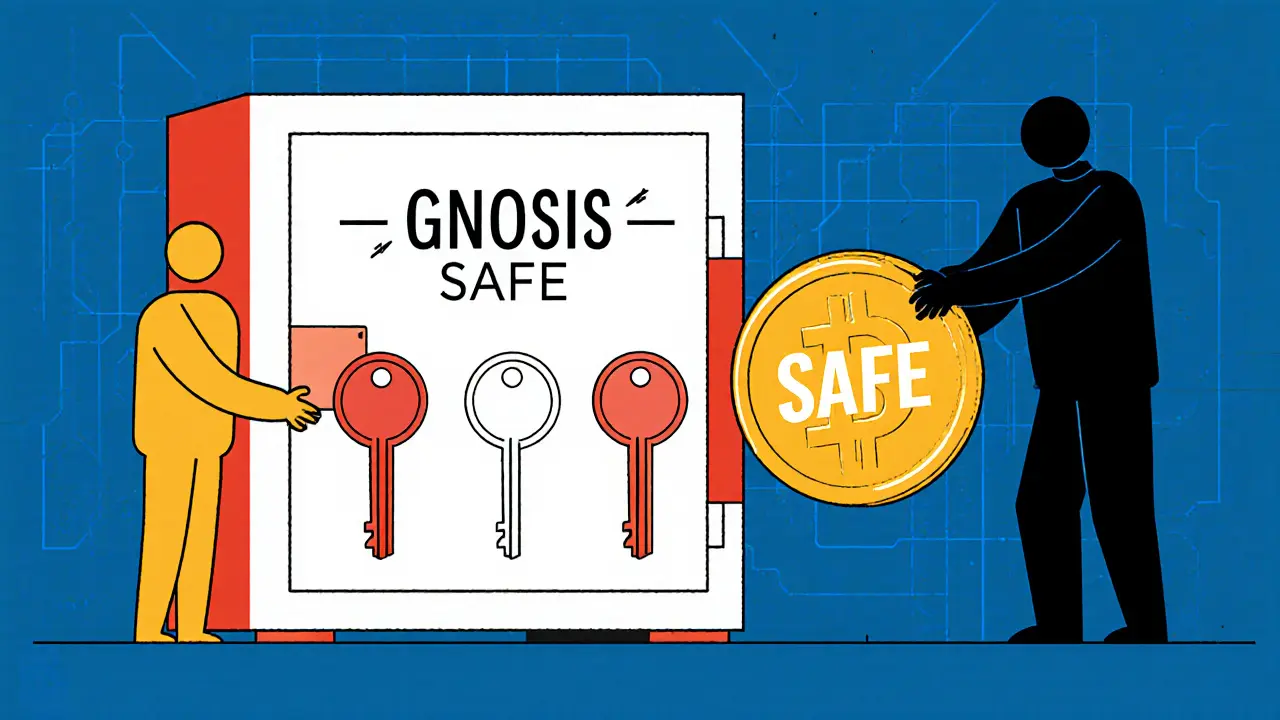 Coffre-fort numérique Gnosis Safe protégé par trois clés, tandis qu'un escroc tente d'y ajouter un faux token.