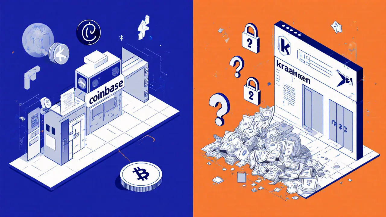 Comparaison visuelle entre un échange crypto légitime et un site d'arnaque, en style géométrique Bauhaus.