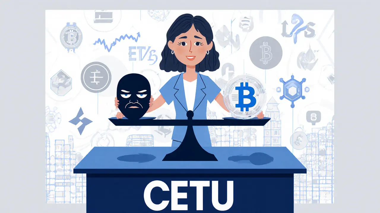 Hester Pierce équilibre fraude et transparence dans un bureau réglementaire moderne, en style Bauhaus.