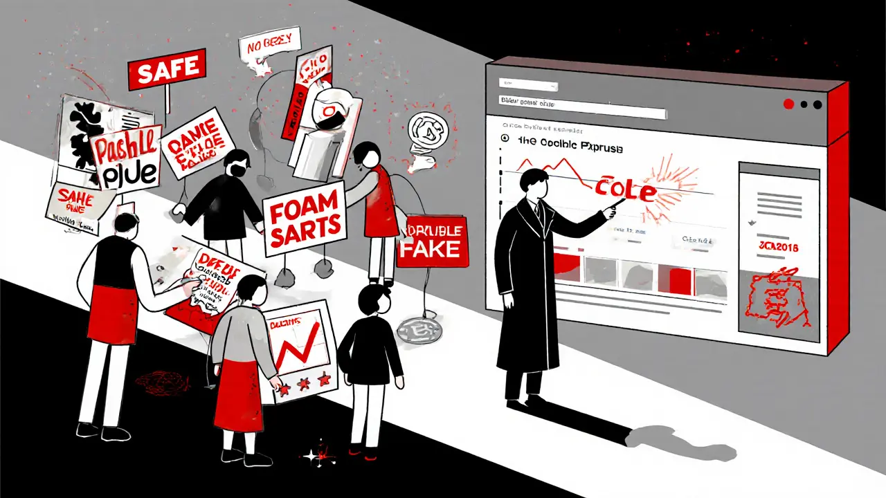 Marché illégal de fausses cryptomonnaies comparé à un explorateur blockchain vide, en style Bauhaus minimaliste.