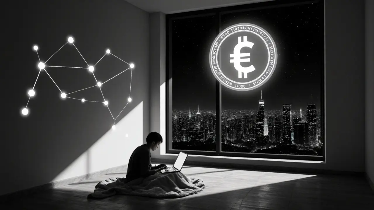 Personne cachée échangeant des crypto en secret, avec des adresses lumineuses sur le mur.