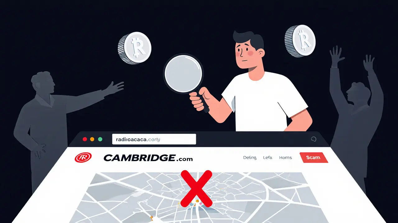 Utilisateur examinant une carte de Cambridge avec une croix rouge, tandis que des tokens RACA légitimes s'élèvent.