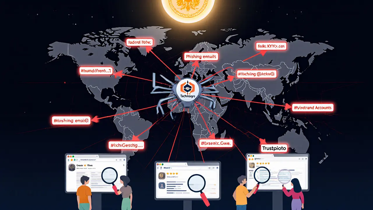 Carte mondiale montrant des victimes d'arnaques crypto reliées à une toile d'araignée de fausses URLs.