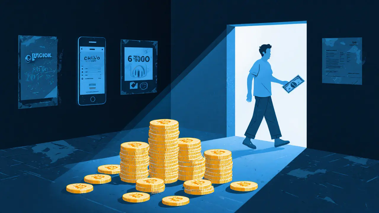 Caverne de réserves Bitcoin en forme de blocs géométriques, avec des écrans Chivo vides, style Bauhaus.